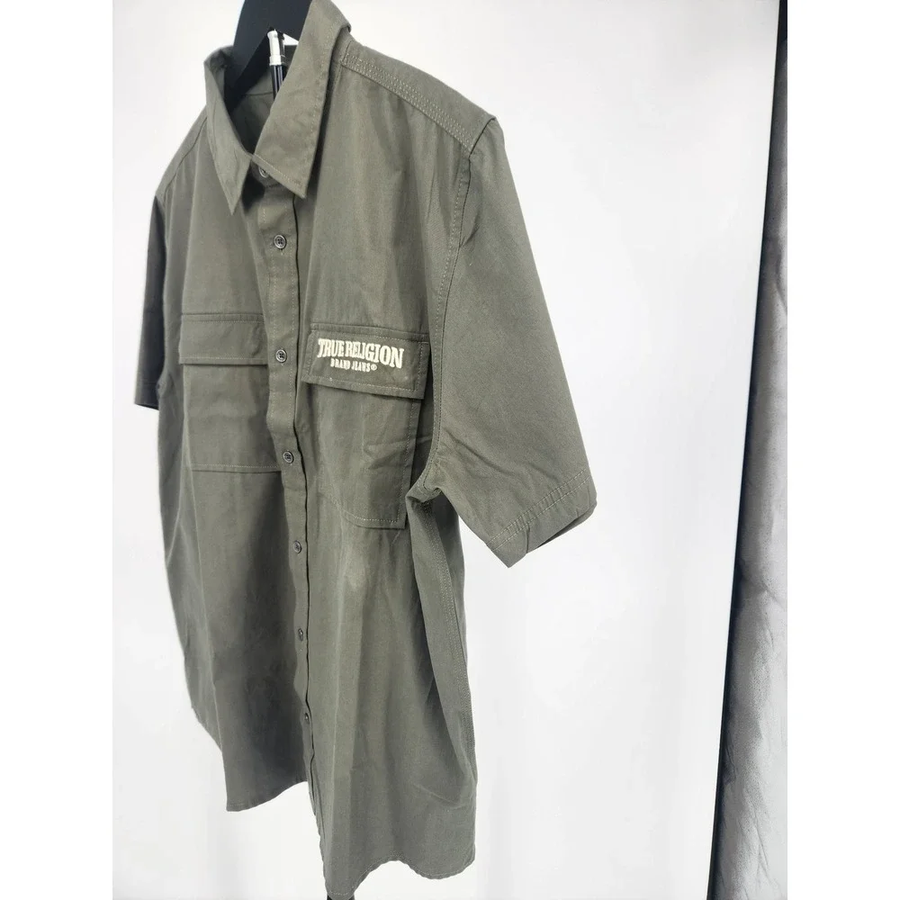 True Religion Mens Olive Green Short Sleeve Button Down Utility Shirt Size M NWT